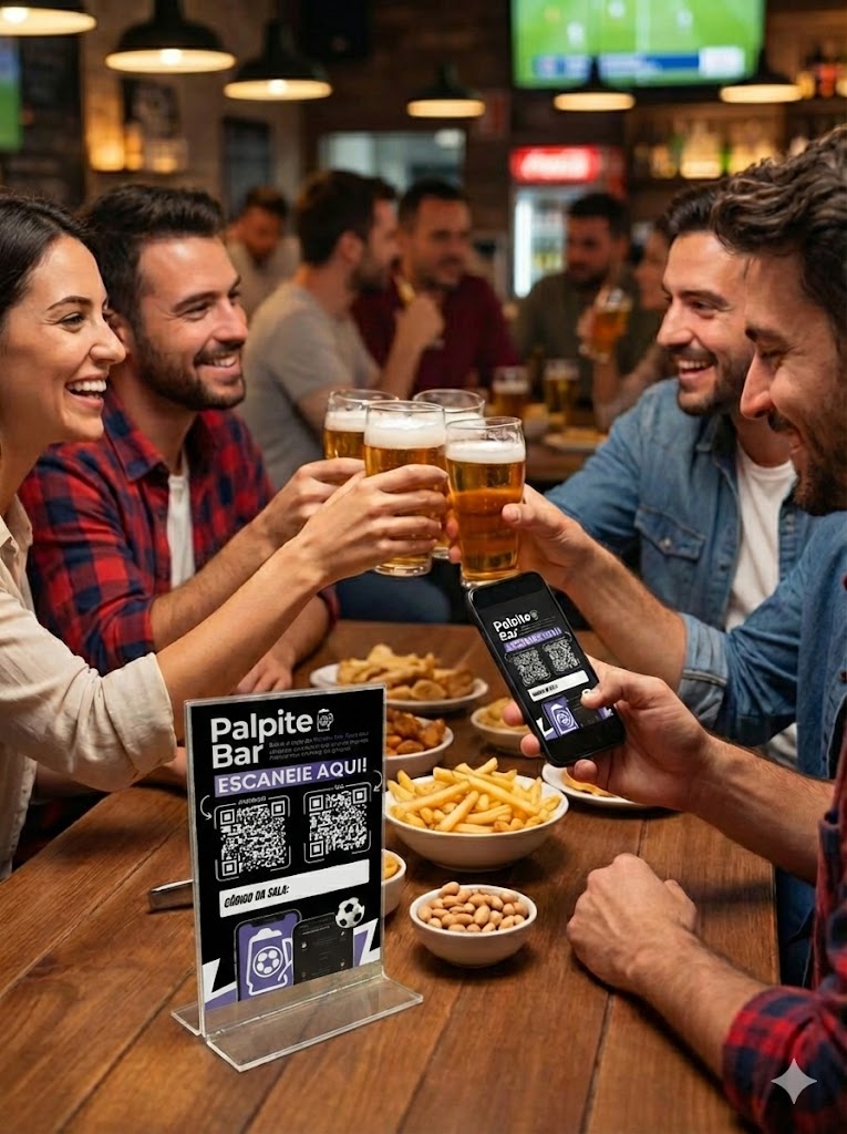Grupo de amigos brindando em um bar com o totem Palpite Bar na mesa e celular escaneando