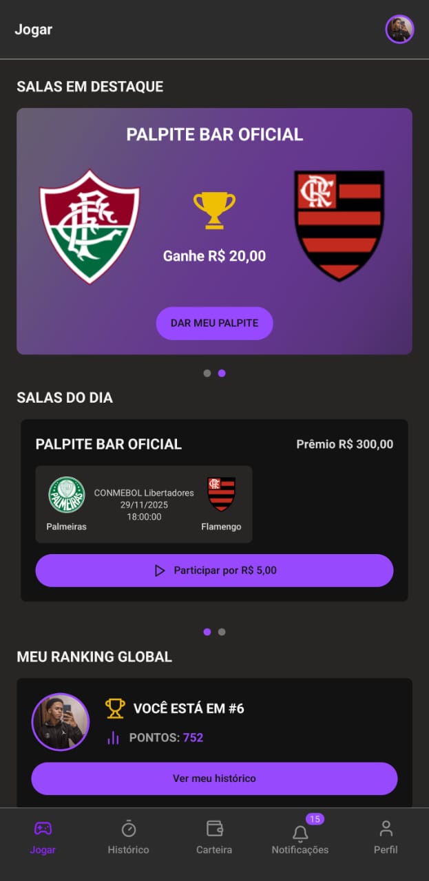 Tela do app Palpite Bar mostrando salas de palpites, partidas e ranking